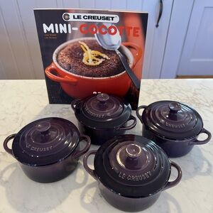 Le Creuset Stoneware Set of 4 Mini Cocottes with Cookbook, 8 oz. Each, Cassis